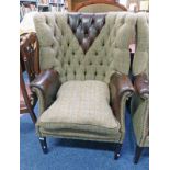 21ST CENTURY BUTTON BACK LEATHER & HARRIS TWEED ARMCHAIR ON SQUARE SUPPORTS 117CM TALL