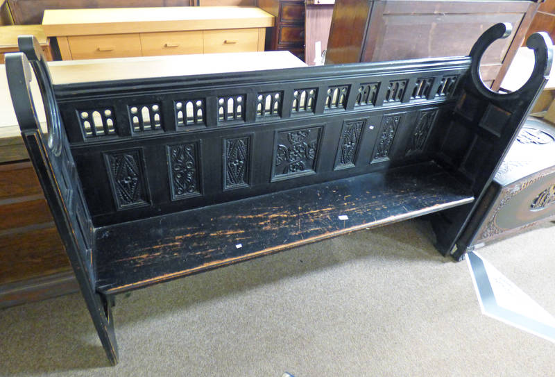 19TH CENTURY EBONISED CHURCH PEW WITH CARVED DECORATION 179CM LONG Condition Report: