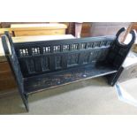 19TH CENTURY EBONISED CHURCH PEW WITH CARVED DECORATION 179CM LONG Condition Report: