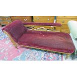 19TH CENTURY OAK FRAMED CHAISE LONGUE WITH CARVED DECORATION ON TURNED SUPPORTS - 169CM LONG