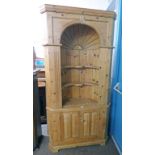 PINE CORNER CABINET WITH CONCAVE SHELL CENTRE SECTION OVER 2 PANEL DOORS WITH CARVED DECORATION -