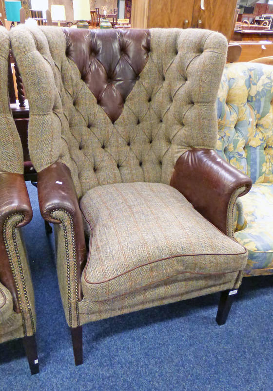 21ST CENTURY BUTTON BACK LEATHER & HARRIS TWEED ARMCHAIR ON SQUARE SUPPORTS 117CM TALL