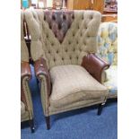 21ST CENTURY BUTTON BACK LEATHER & HARRIS TWEED ARMCHAIR ON SQUARE SUPPORTS 117CM TALL