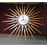 SETH THOMAS SUNBURST WALL MOUNTED CLOCK 65CM WIDE Condition Report: 1 wooden ''ray''