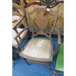 EARLY 20TH CENTURY MAHOGANY ARMCHAIR DECORATED WITH BOXWOOD PANEL ON SQUARE TAPERED SUPPORTS