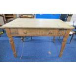 PINE TABLE WITH DRAWER & BOX, VARIOUS CUTLERY ON TURNED SUPPORTS.