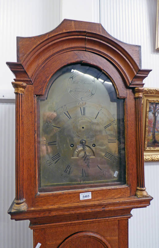 19TH CENTURY OAK GRANDFATHER CLOCK WITH BRASS DIAL SIGNED WILLIAM SWAIN,