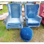 PAIR OF BLUE WINGBACK ARMCHAIRS WITH FOOTSTOOL