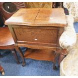 OAK SEWING BOX ON SHAPED SUPPORTS WITH UNDERSHELF 65CM TALL