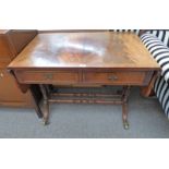 MAHOGANY SOFA TABLE WITH BOXWOOD INLAY & 2 DROP LEAVES WITH UNDERSHELVES & 2 FRIEZE DRAWERS