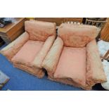 PAIR OF LATE 19TH/EARLY 20TH CENTURY OVERSTUFFED ARMCHAIRS ON SHAPED SUPPORTS Condition