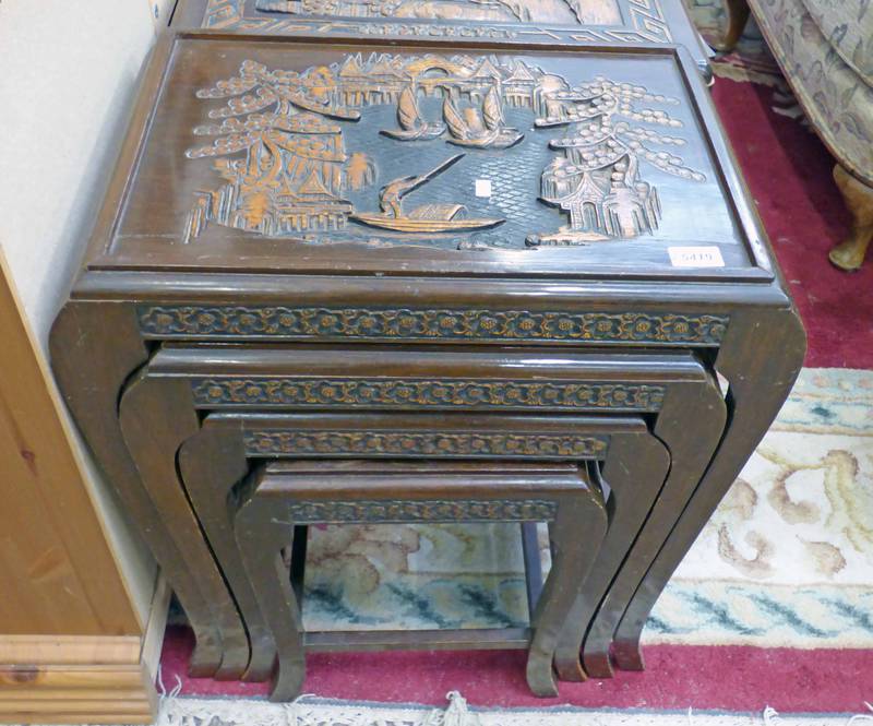 ORIENTAL CARVED HARDWOOD NEST OF 4 TABLES