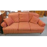 21ST CENTURY RED & GOLD STRIPED SETTEE ON TURNED SUPPORTS 191CM WIDE