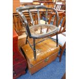 EARLY 20TH CENTURY METAL DOMED TRUNK & 19TH CENTURY LACQUER WORK ARMCHAIR