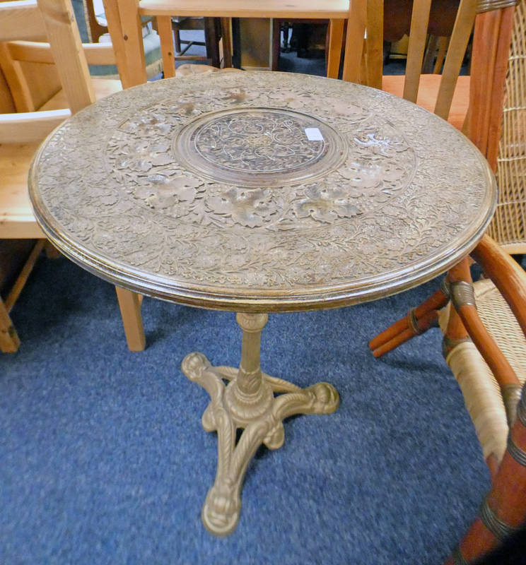 CAST IRON BASED TABLE WITH CIRCULAR CARVED TOP,