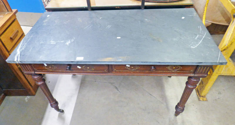 MARBLE TOPPED TABLE WITH MAHOGANY BASE OF 2 DRAWERS ON TURNED SUPPORTS,