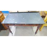 MARBLE TOPPED TABLE WITH MAHOGANY BASE OF 2 DRAWERS ON TURNED SUPPORTS,