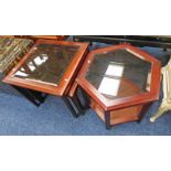 NEST OF 3 MAHOGANY & GLASS TABLES ETC