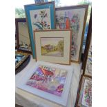 4 FRAMED WATERCOLOURS, DRAWINGS ETC TO INCLUDE 'PARIS CAFE' BY JEAN SCOTT,