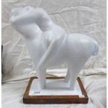 PLASTER FIGURE OF A SAD WOMAN ON HORSE BY FRANCES PELLY WITH LABEL TO BASE,