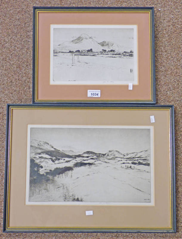 PAIR OF FRAMED ETCHINGS BY JOHN M AIKEN DEPICTING HIGHLAND GLEN SCENES