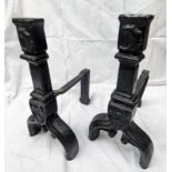 PAIR CAST IRON FIRE DOGS DECORATED WITH CRESTS - 44CM TALL