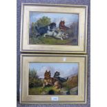 PAIR OF GILT FRAMED OIL PAINTING OF TERRIERS, MONOGRAMMED FB 1881, 19 X 29.