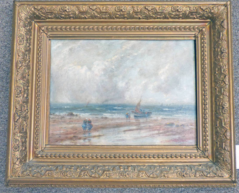 JAS CHRISTIE BRUCE COASTAL SCENE WITH BOATS SIGNED GILT FRAMED OIL PAINTING 29 X 40CM