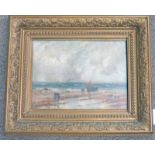 JAS CHRISTIE BRUCE COASTAL SCENE WITH BOATS SIGNED GILT FRAMED OIL PAINTING 29 X 40CM