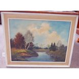 MOUNTAIN LAKE SCENE INDISTINCTLY SIGNED FRAMED OIL PAINTING 58 X 78 CM