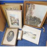 SELECTION OF FRAMED PICTURES INCLUDING GILT FRAMED WATERCOLOUR OF LAKE SCENE, FLORAL PRINTS,