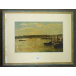 J MAGOWAN SHIPS ON THE RIVER FRAMED OIL PAINTING ON CANVAS SIGNED 28 X 45 CMS