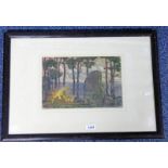 DAVID WATERSON TINKERS ENCAMPMENT SIGNED FRAMED COLOURED ETCHING 20 X 30 CMS
