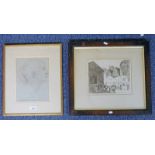 FRAMED ENGRAVING 'LADY WORKSTAIRS & UNION HALL' & FRAMED PENCIL DRAWNING PORTRAIT OF A WOMAN SIGNED