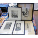 5 FRAMED ENGRAVINGS, ETCHINGS,