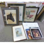 SELECTION OF FRAMED PRINTS, PICTURES ETC TO INCLUDE A FRAMED KNITTED CREST,