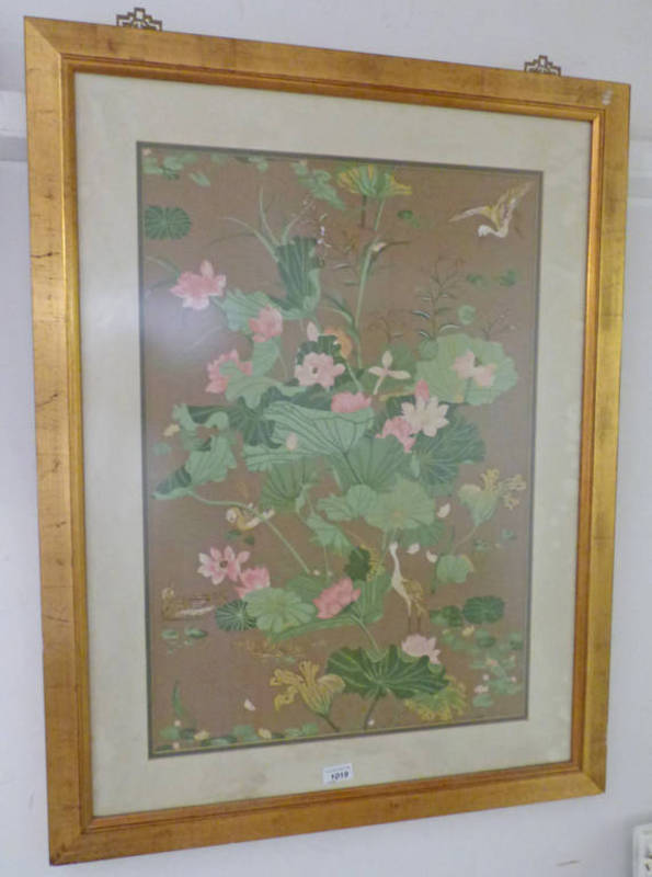 EASTERN FRAMED PICTURE OF FLOWERS & BIRDS ON CLOTH 69 X 47 CMS