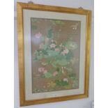 EASTERN FRAMED PICTURE OF FLOWERS & BIRDS ON CLOTH 69 X 47 CMS