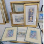 7 FRAMED PRINTS, WATERCOLOURS, ETC TO INCLUDE & PAIR OF PETER PAN THEMED PICTURES BY ANGELA CASSIDY,