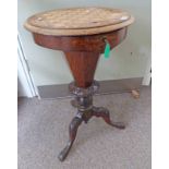 19TH CENTURY INLAID WALNUT SEWING BOX WITH CHEQUERED TOP & FITTED INTERIOR 77CM TALL