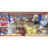 SELECTION OF STONEWARE AND POTTERY JUGS OVER 1 SHELF
