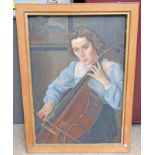 J S MILNE GIRL PLAYING CELLO SIGNED FRAMED OIL PAINTING ON CANVAS 81 X 56 CM