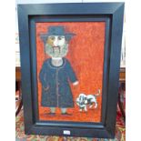 ORTHODOX JEW WITH DOG SIGNED KC FRAMED TEXTURED PRINT 58 X 38 CM