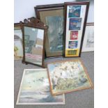 SELECTION OF 8 PICTURES TO INCLUDE OIL PAINTINGS, MIRROR, PRINTS,