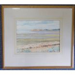 JOHN LINTON THE SANDY DRIFTS CARNOUSTIE BAY LABEL TO REVERSE GILT FRAMED WATERCOLOUR 26 X 35 CM