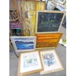 6 FRAMED OIL PAINTINGS TO INCLUDE STILL LIFES, MOUNTAIN LAKE SCENES, TRAIN,