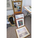 FRAMED WATERCOLOUR BENNACHIE AND THE DON IN FLOOD BY HELEN BARCLAY, GILT FRAMED MIRRORS, MAPS,