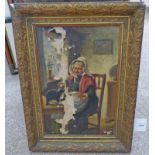 19TH CENTURY SCOTTISH SCHOOL WOMAN FEEDING A CAT SIGNED GILT FRAMED OIL PAINTING AS FOUND 45 X