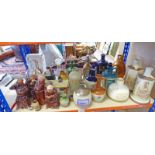 A GOOD SELECTION OF POTTERY FLAGONS WITH LABELS, MASTER SCOTCH WHISKY DECANTERS, MONKS,