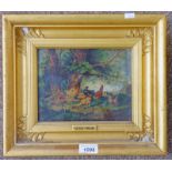OIL PAINTING OF HENS 15 X 20 CM IN GILT FRAME WITH GEORGE MORLAND NAME PLAQUE